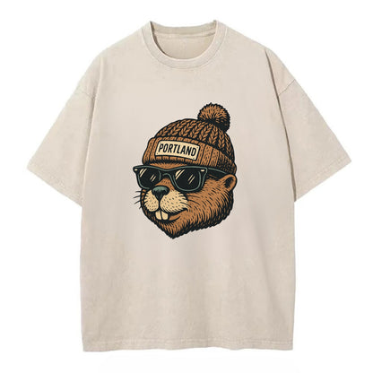 Portland Beaver wearing Portland beanie with pom pom and wayfarer sunglasses - Vintage T-shirt - Off White