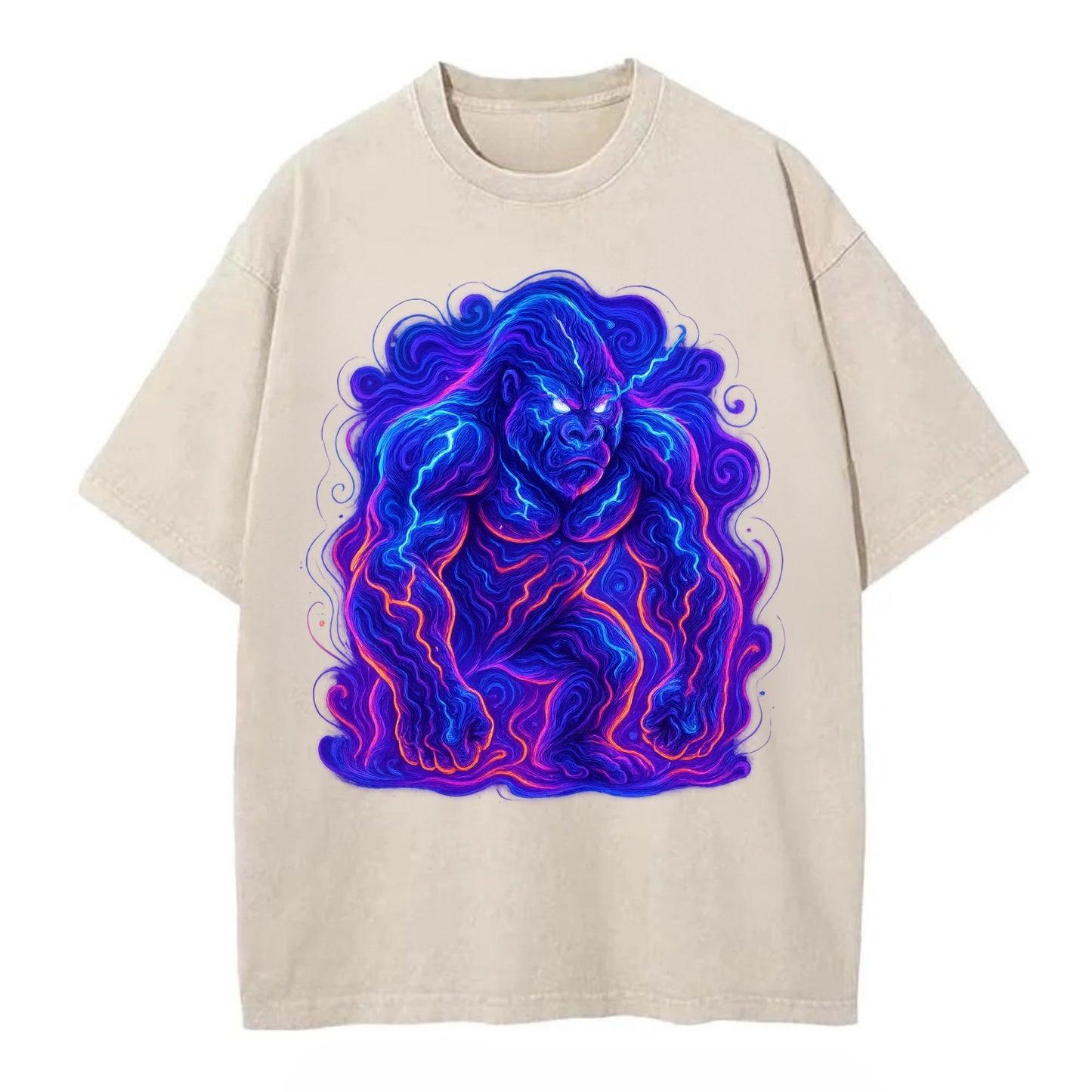 Mighty gorilla with electricity flowing through defined muscles, lightning bolt - Vintage T-shirt - Off White