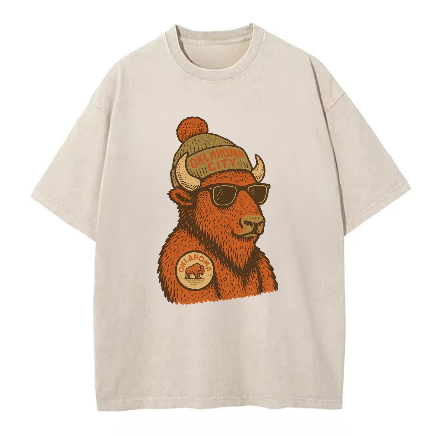 Oklahoma Buffalo wearing Oklahoma City beanie with pom pom and wayfarer sunglasses - Vintage T-shirt - Off White