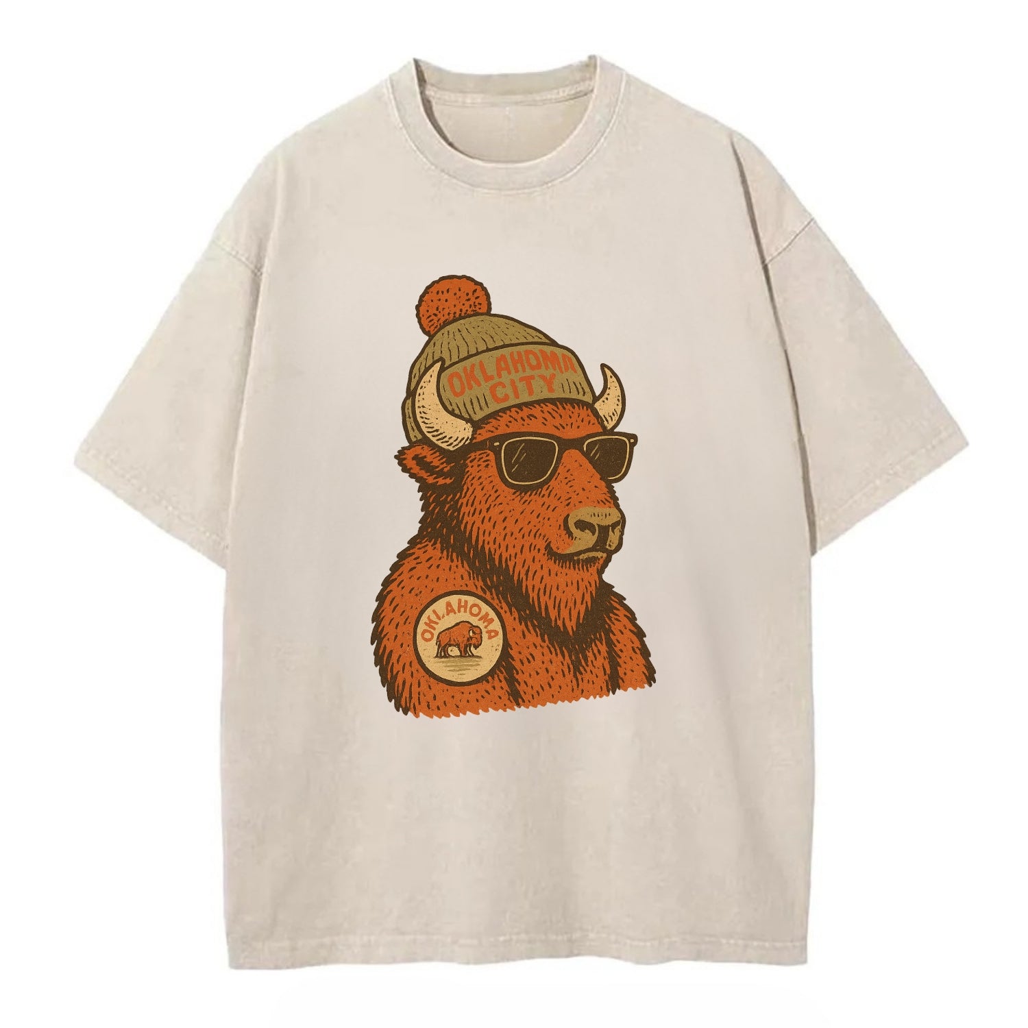 Oklahoma Buffalo wearing Oklahoma City beanie with pom pom and wayfarer sunglasses - Vintage T-shirt - Off White