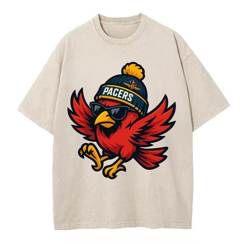 Indiana Cardinal wearing Pacers beanie with speedway patch and wayfarer sunglasses - Vintage T-shirt