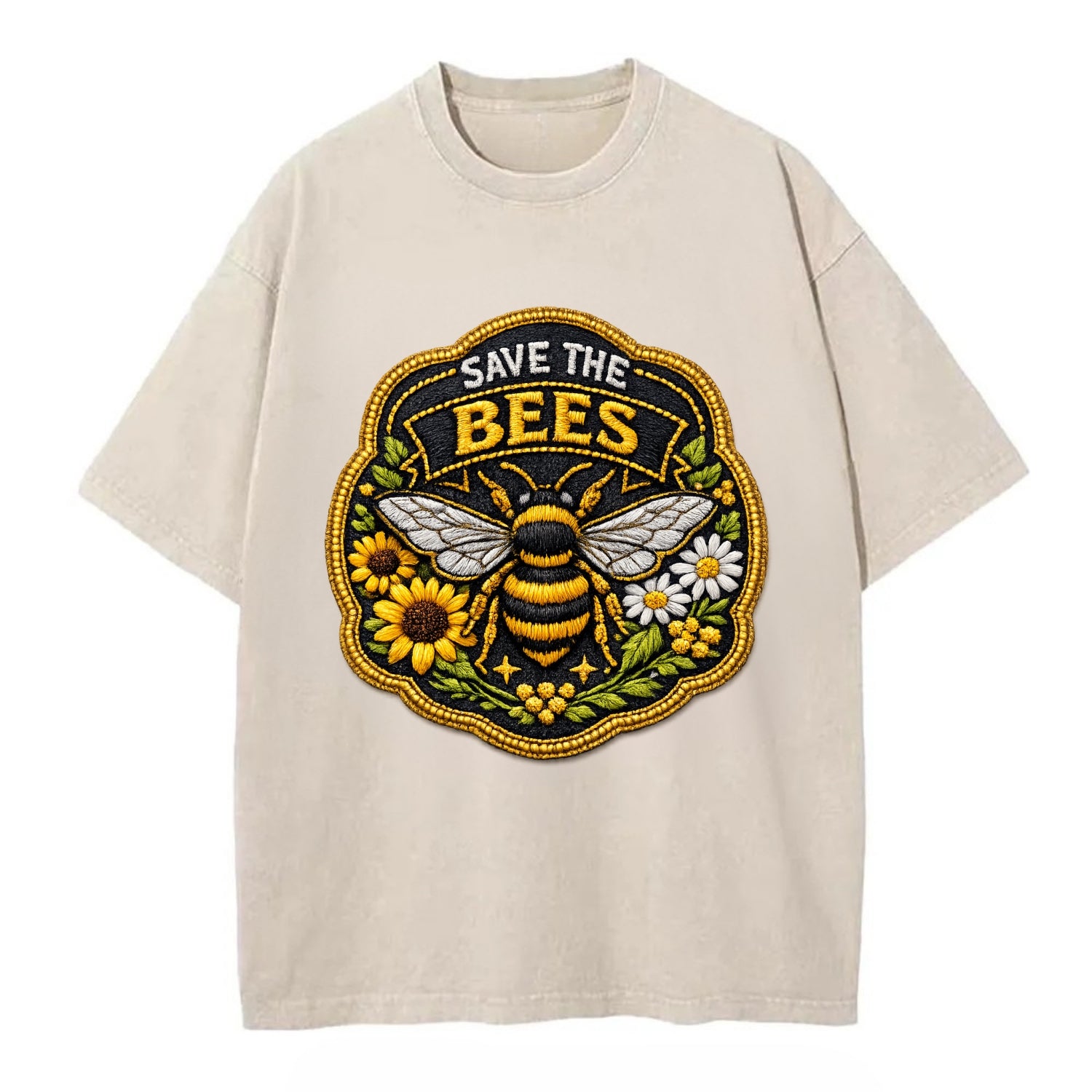 SAVE THE BEES - bee with flowers in yellow , pollinator protection - Vintage T-shirt - Off White
