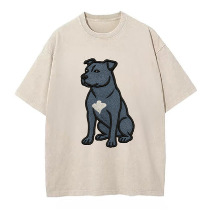 American Staffordshire Terrier - Blue embroidered design - Vintage T-shirt - Off White