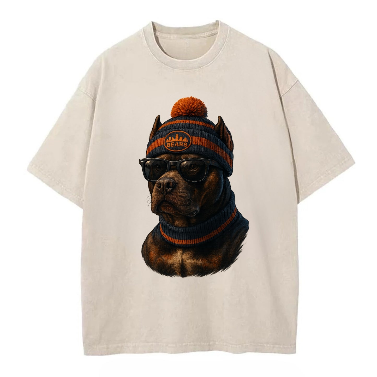 Chicago Pitbull wearing Bears beanie with skyline patch and wayfarer sunglasses - Vintage T-shirt - Off White