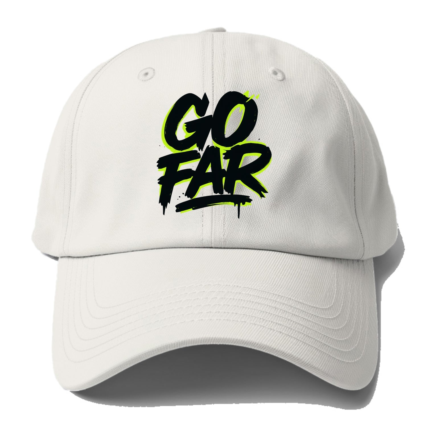 Bold typography design - "GO FAR" - distance goals, pushing limits - Baseball Cap - Off White