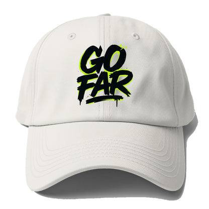 Bold typography design - "GO FAR" - distance goals, pushing limits - Baseball Cap - Off White
