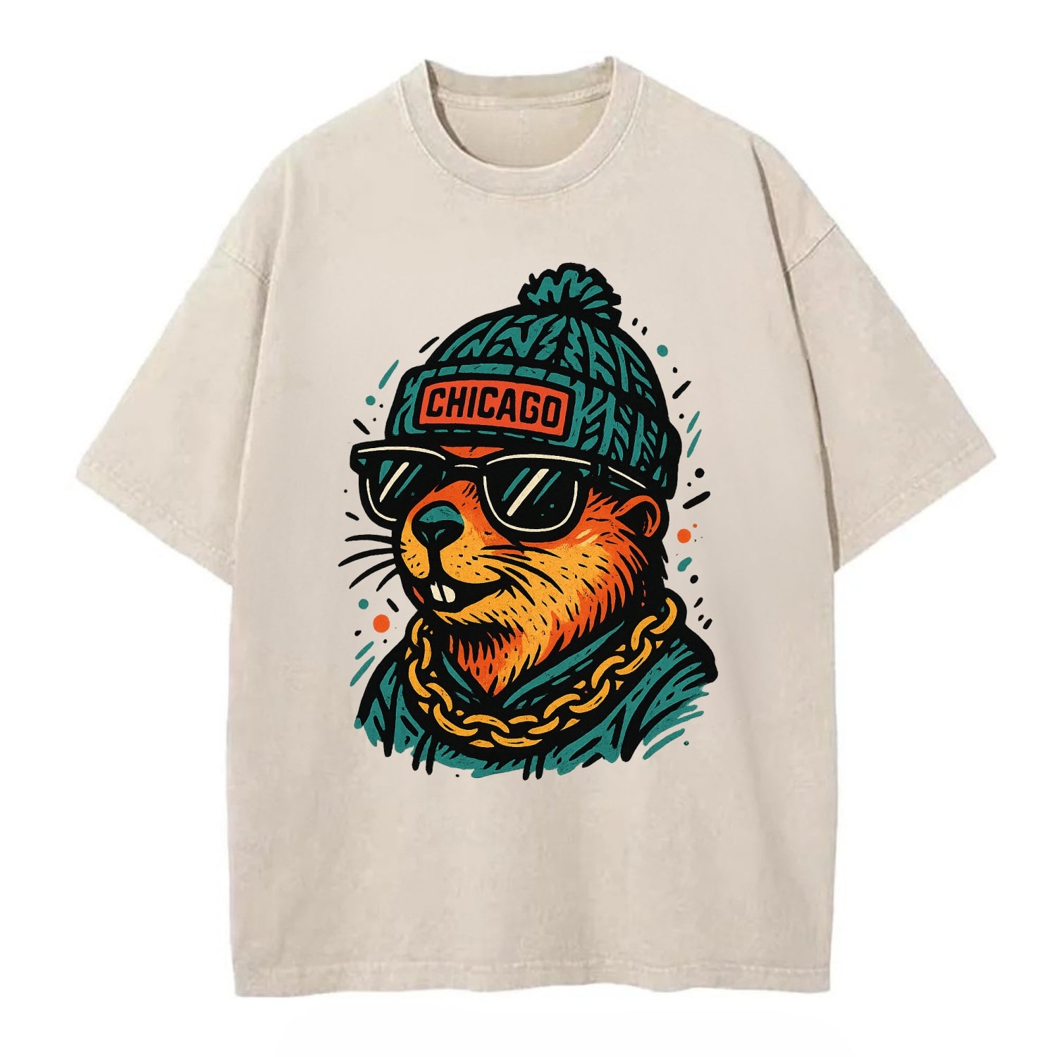 Illinois Prairie Dog wearing Chicago beanie with pom pom and wayfarer sunglasses - Vintage T-shirt - Off White