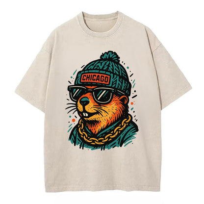 Illinois Prairie Dog wearing Chicago beanie with pom pom and wayfarer sunglasses - Vintage T-shirt - Off White