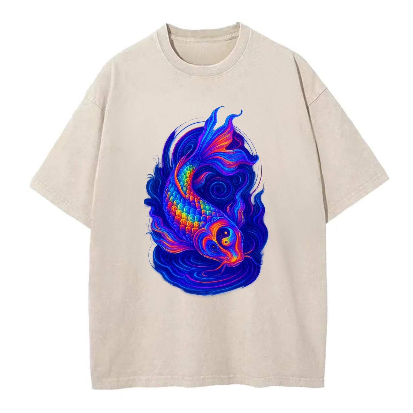 Sacred koi with scales reflecting rainbow prisms, yin-yang patterns in cosmic - Vintage T-shirt - Off White