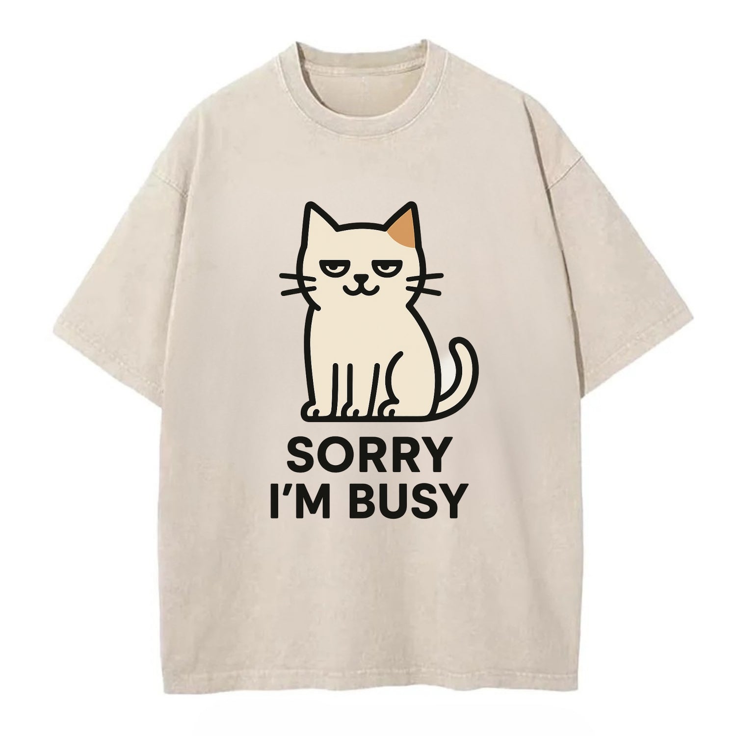 Cat sitting alone looking content - "SORRY I'M BUSY" - not sorry at all - Vintage T-shirt - Off White