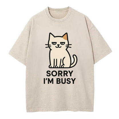 Cat sitting alone looking content - "SORRY I'M BUSY" - not sorry at all - Vintage T-shirt - Off White
