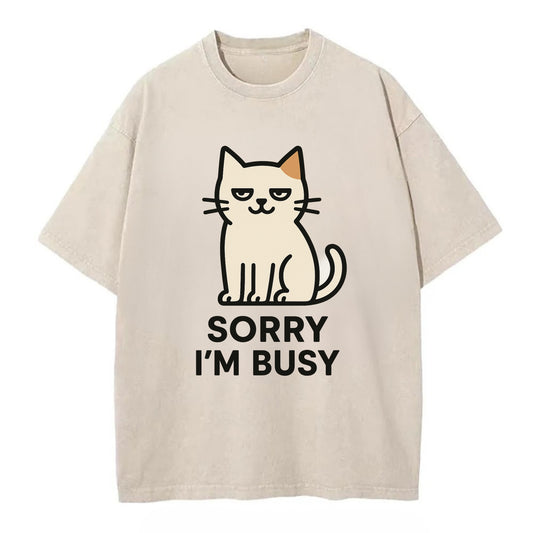 Cat sitting alone looking content - "SORRY I'M BUSY" - not sorry at all - Vintage T-shirt - Off White
