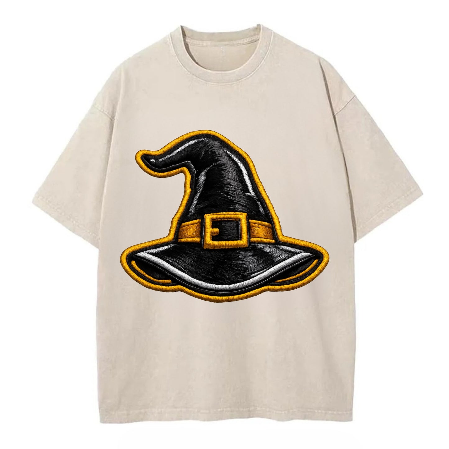 WITCH HAT - pointed hat with buckle in black and gold , coven - Vintage T-shirt - Off White