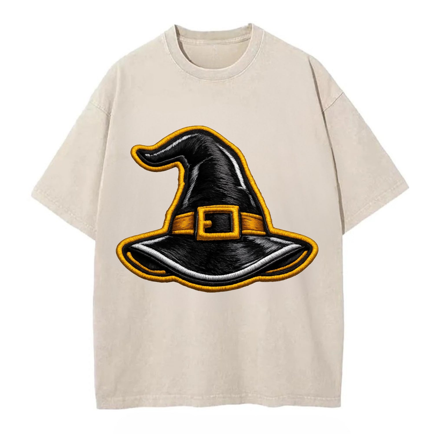 WITCH HAT - pointed hat with buckle in black and gold , coven - Vintage T-shirt - Off White