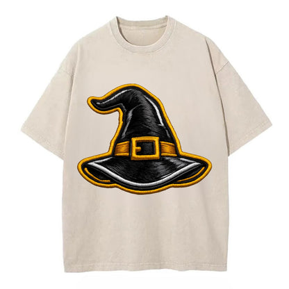 WITCH HAT - pointed hat with buckle in black and gold , coven - Vintage T-shirt - Off White