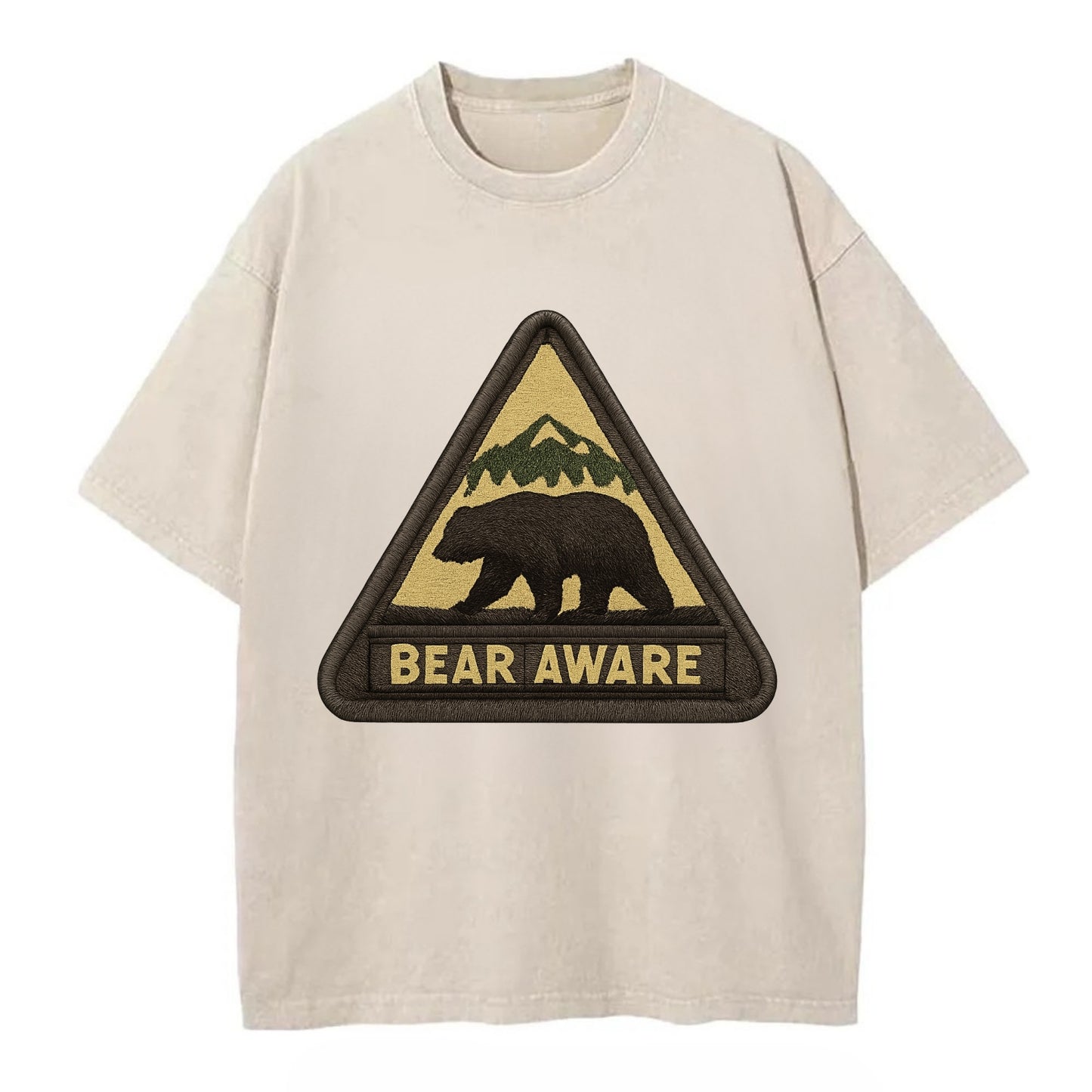 BEAR AWARE - bear silhouette warning in brown and yellow , wilderness safety - Vintage T-shirt - Off White