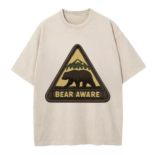 BEAR AWARE - bear silhouette warning in brown and yellow , wilderness safety - Vintage T-shirt - Off White