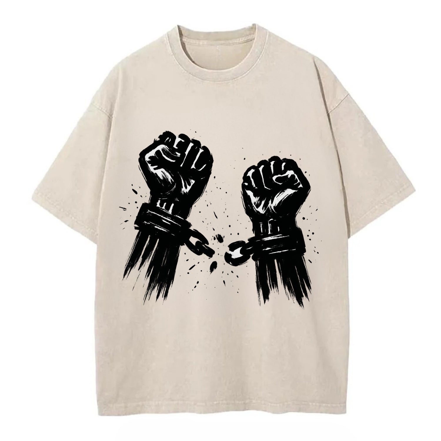 Two raised fists breaking chains - liberation and freedom ink painting - Vintage T-shirt - Off White