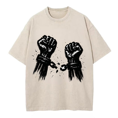 Two raised fists breaking chains - liberation and freedom ink painting - Vintage T-shirt - Off White