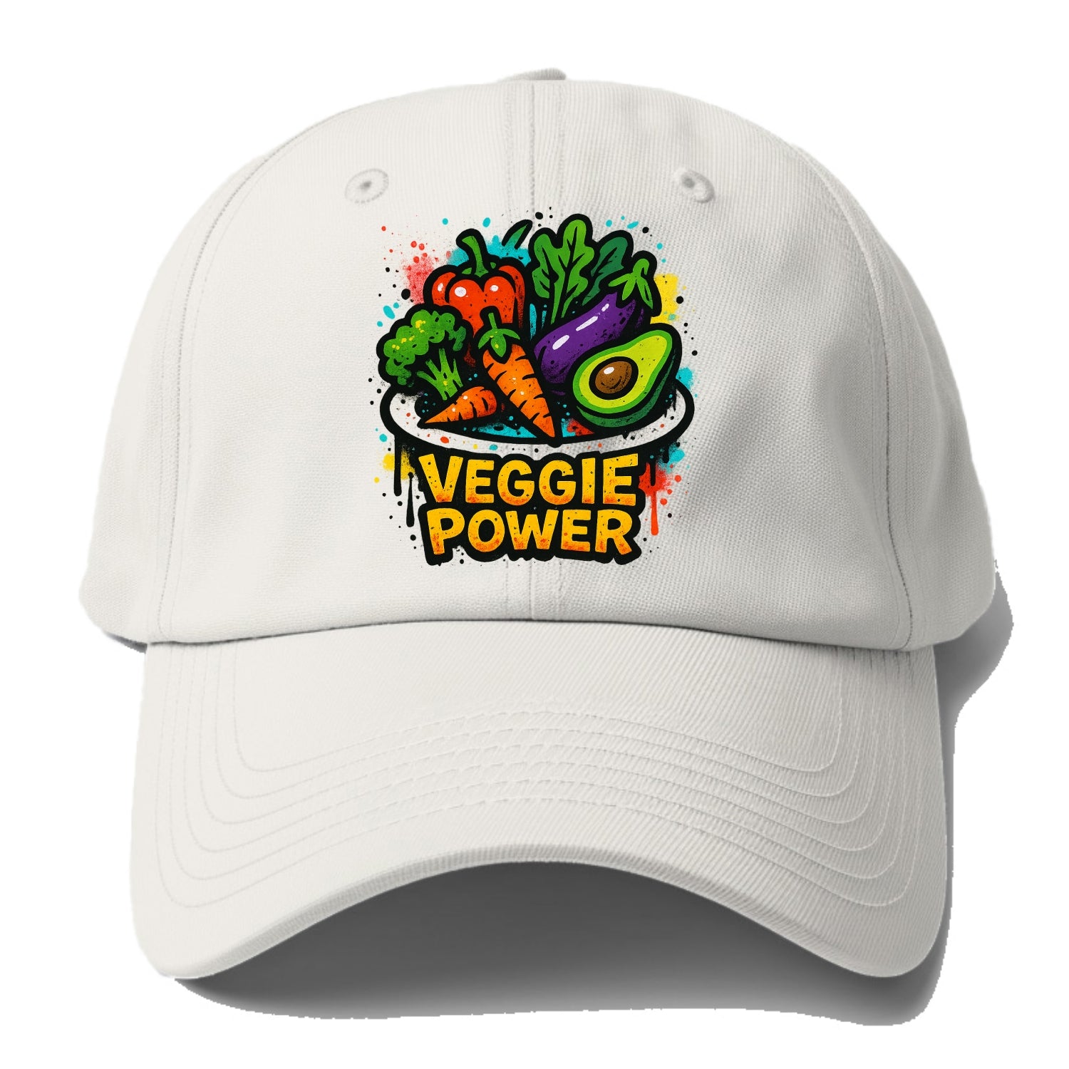 Colorful vegetables and plants on plate - plant-based lifestyle, veggie power - Baseball Cap - Off White