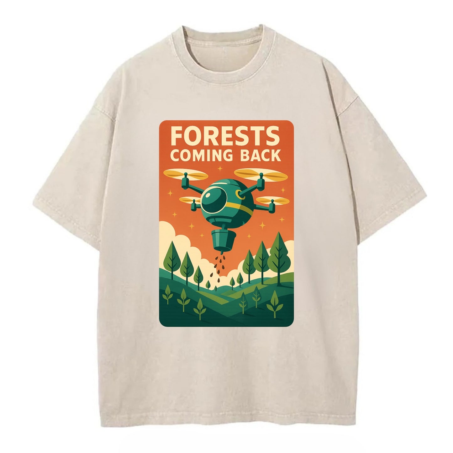 Reforestation drone planting millions of trees - "Forests Coming Back" - nature - Vintage T-shirt - Off White