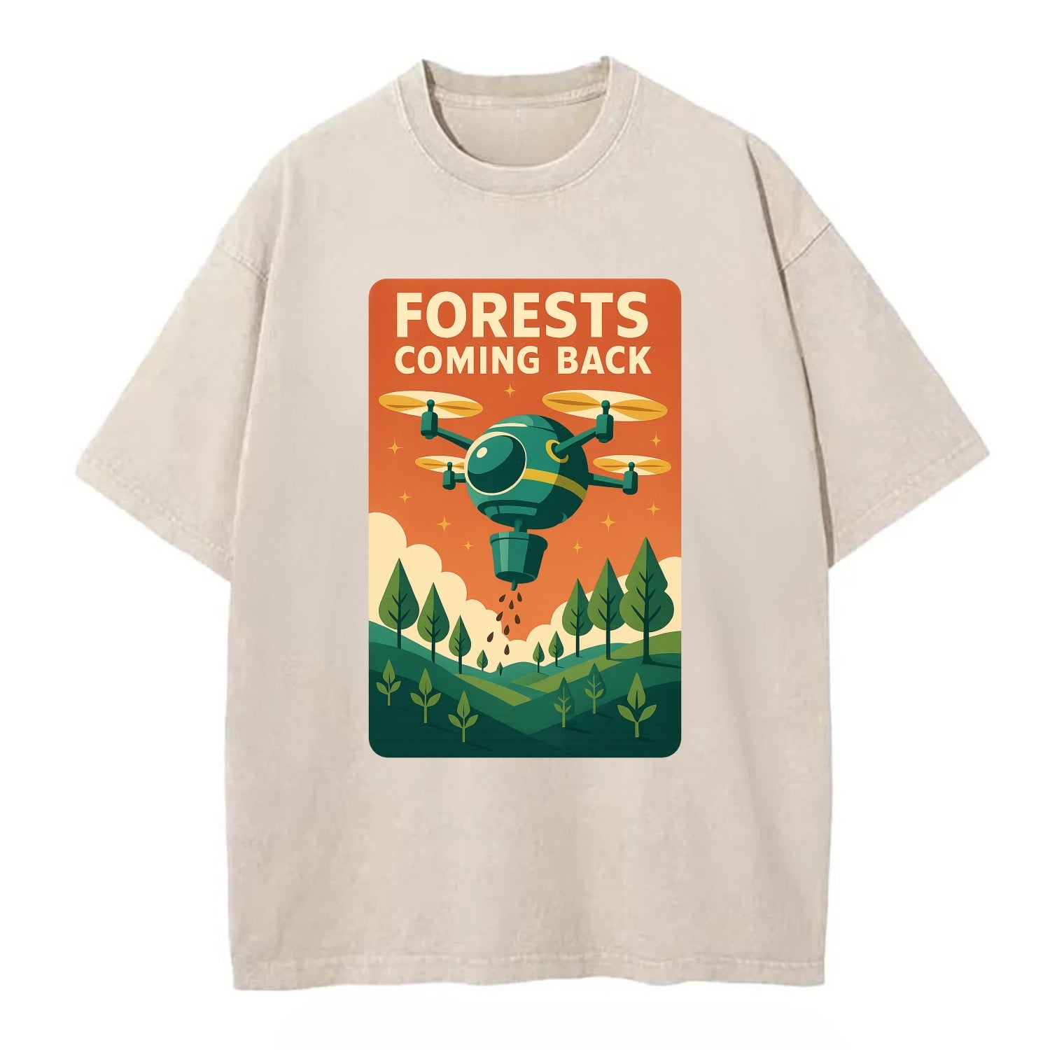 Reforestation drone planting millions of trees - "Forests Coming Back" - nature - Vintage T-shirt - Off White