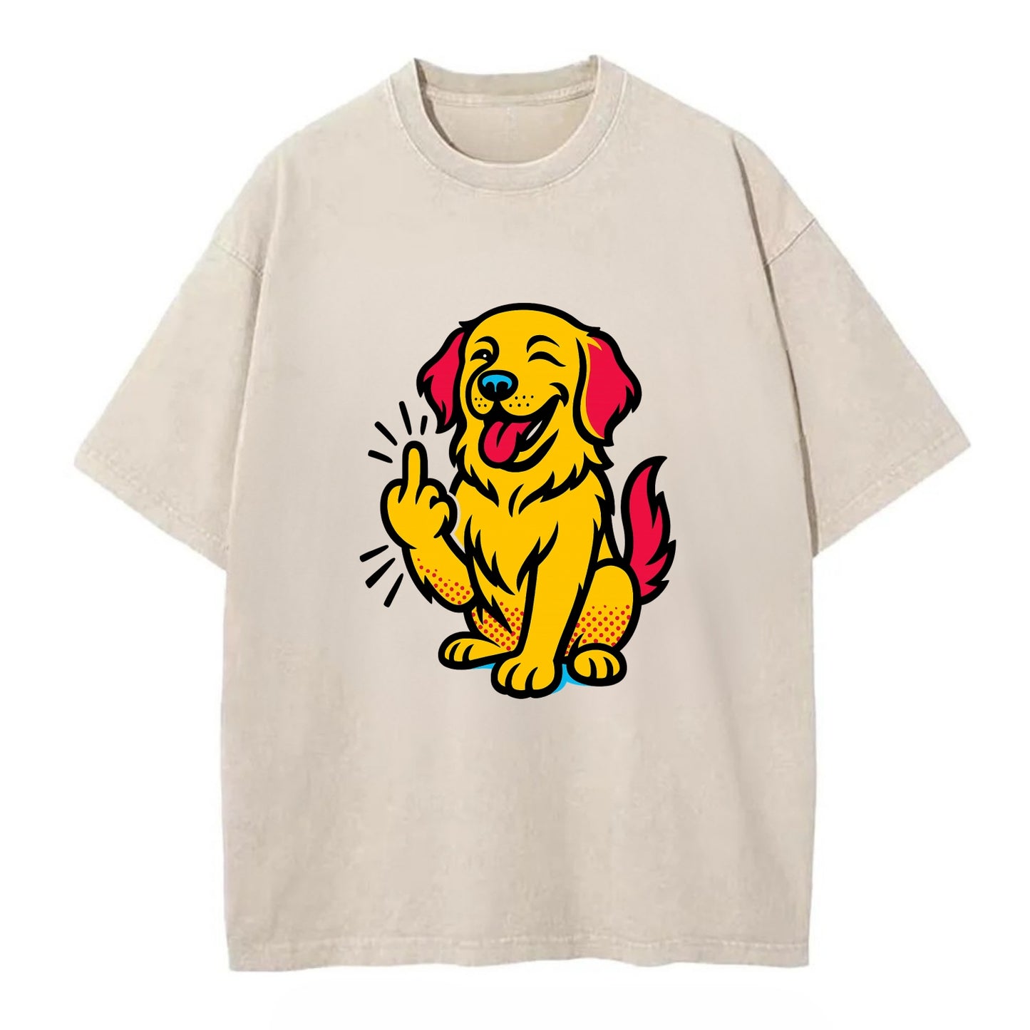 Golden Retriever with happy smile and golden coat, fluffy paw raised - Vintage T-shirt - Off White