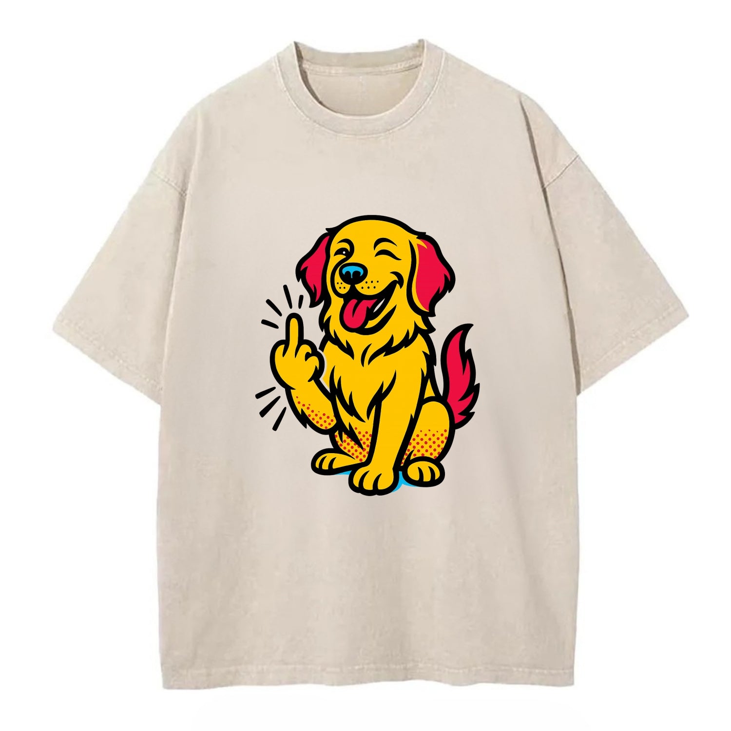 Golden Retriever with happy smile and golden coat, fluffy paw raised - Vintage T-shirt - Off White