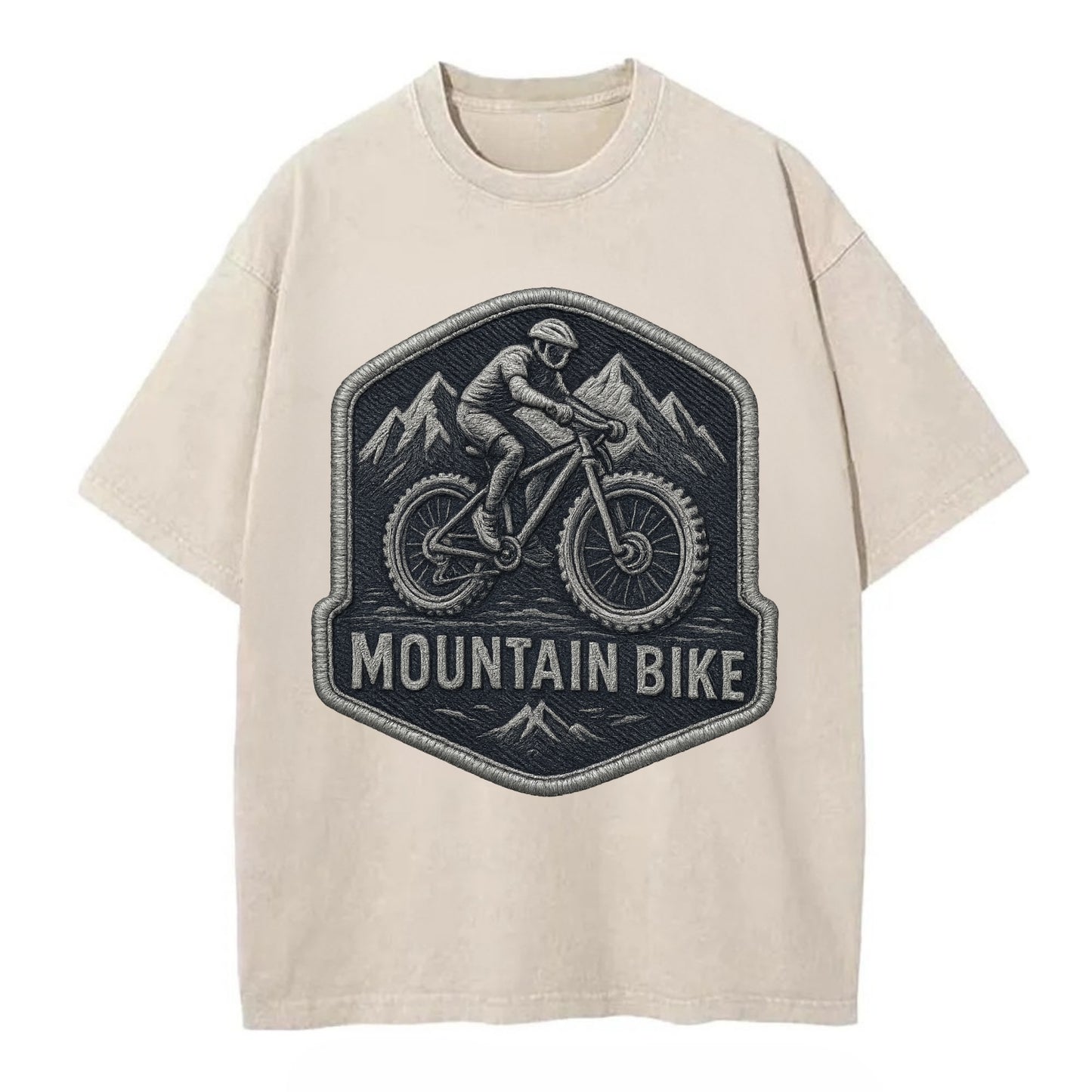 Mountain bike with rugged tires - cyclist badge - Vintage T-shirt - Off White