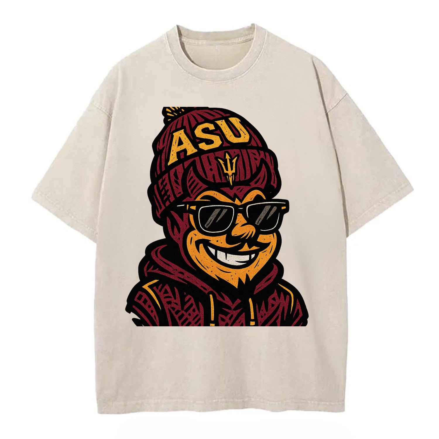 Tempe Sparky wearing Arizona State beanie with fork patch - Vintage T-shirt - Off White