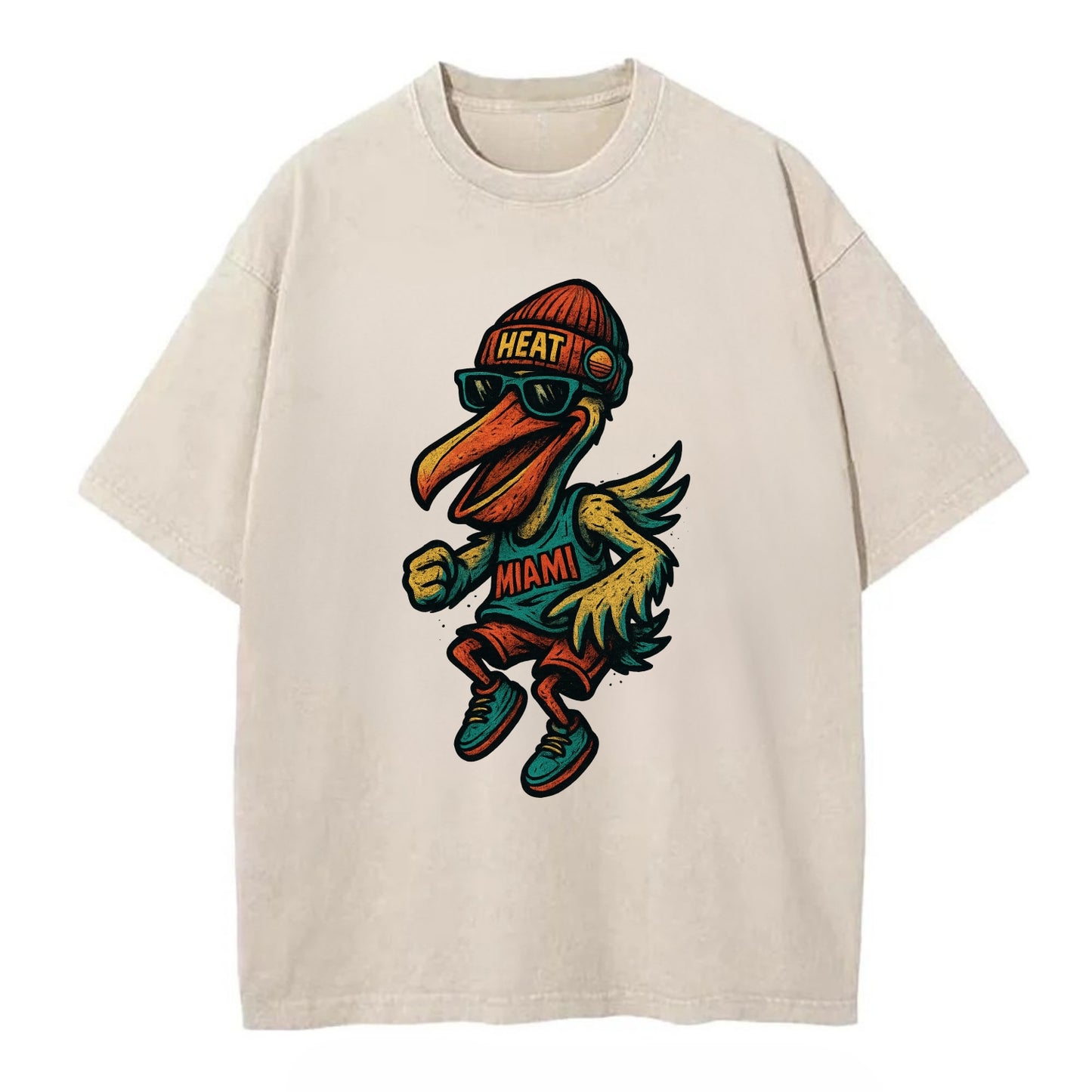 Miami Pelican wearing Heat beanie with sunset patch and wayfarer sunglasses - Vintage T-shirt - Off White