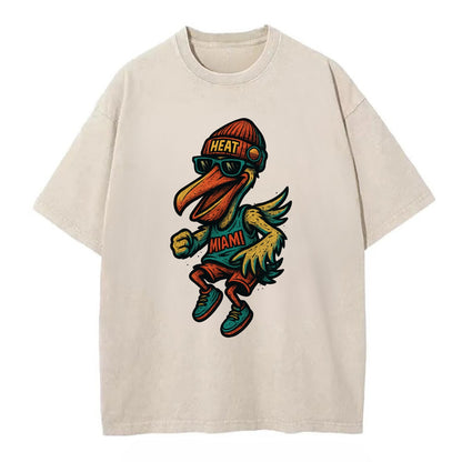 Miami Pelican wearing Heat beanie with sunset patch and wayfarer sunglasses - Vintage T-shirt - Off White