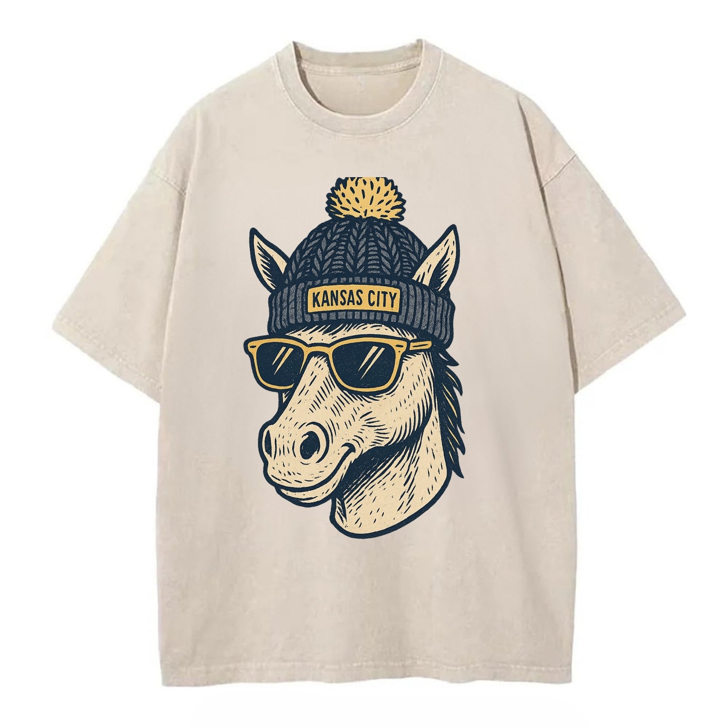 Missouri Mule wearing Kansas City beanie with pom pom and wayfarer sunglasses - Vintage T-shirt - Off White