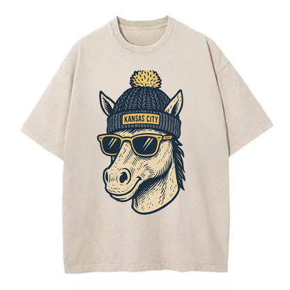 Missouri Mule wearing Kansas City beanie with pom pom and wayfarer sunglasses - Vintage T-shirt - Off White