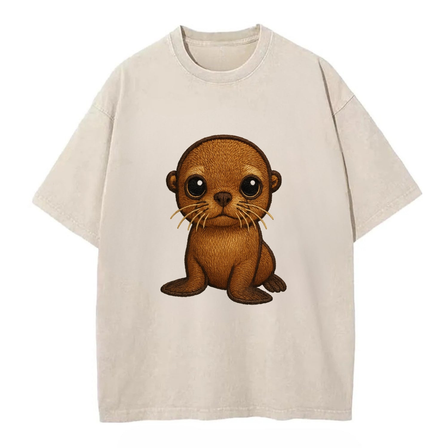 Baby California Sea Lion - golden brown, large expressive eyes, whiskers, - Vintage T-shirt - Off White