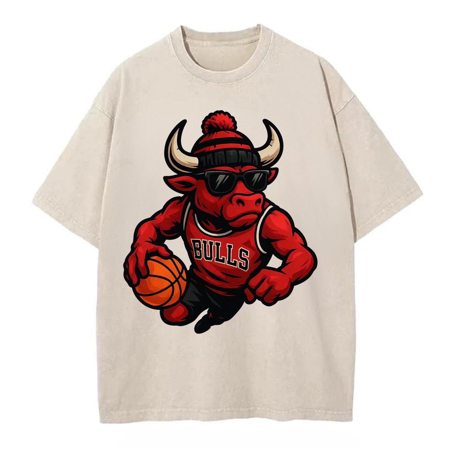 Chicago Bull wearing Bulls red and black beanie with horns design and wayfarer - Vintage T-shirt - Off White
