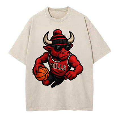 Chicago Bull wearing Bulls red and black beanie with horns design and wayfarer - Vintage T-shirt - Off White