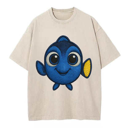 Baby Blue Tang - bright blue with yellow tail, big eyes, front-facing, Dory-style - Vintage T-shirt - Off White