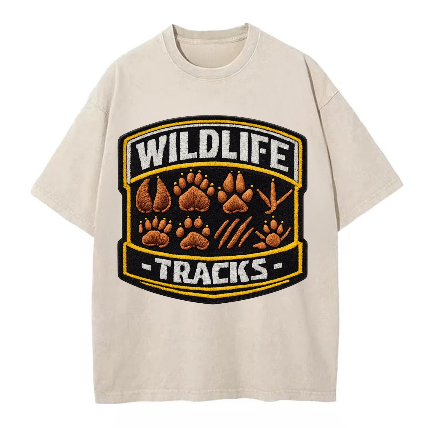 WILDLIFE TRACKS - animal footprints in brown , tracker - Vintage T-shirt - Off White