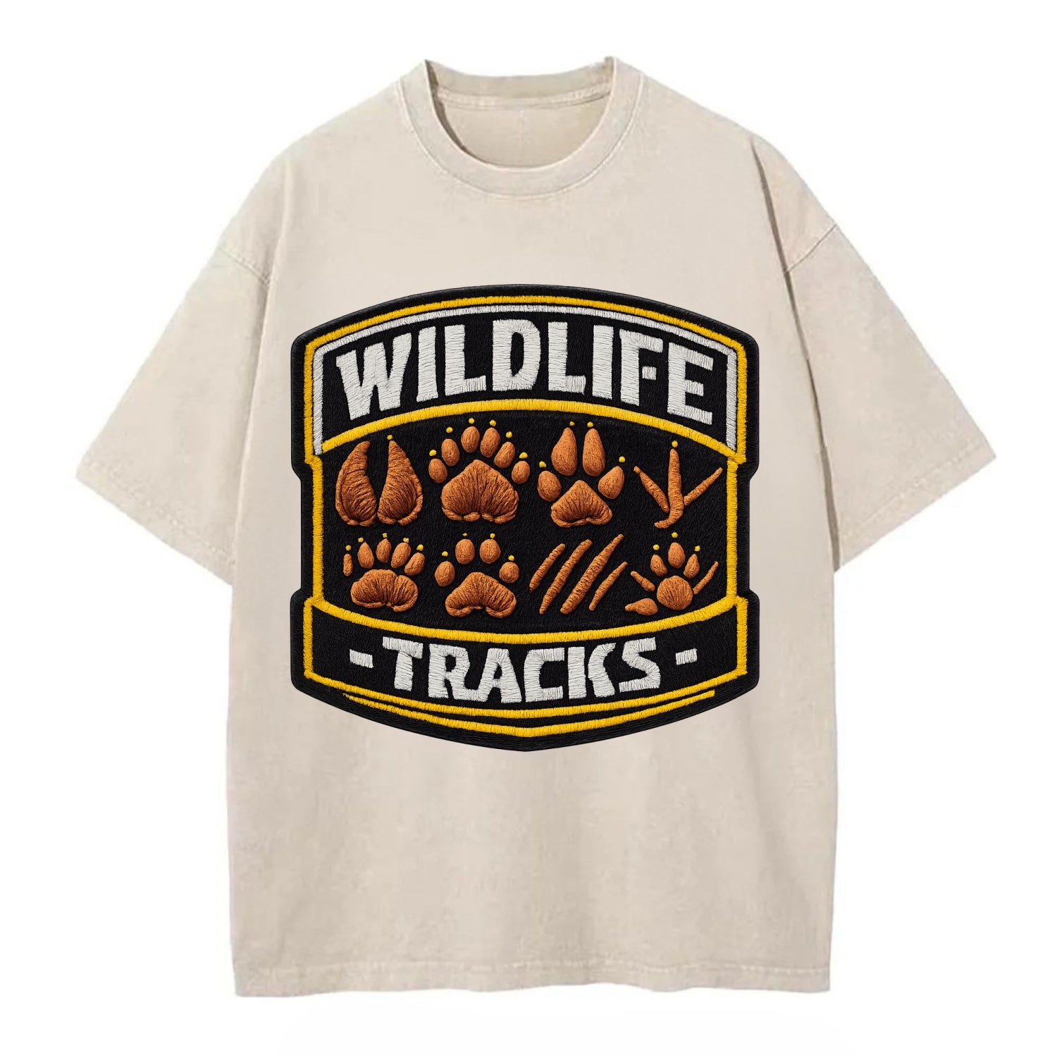 WILDLIFE TRACKS - animal footprints in brown , tracker - Vintage T-shirt - Off White