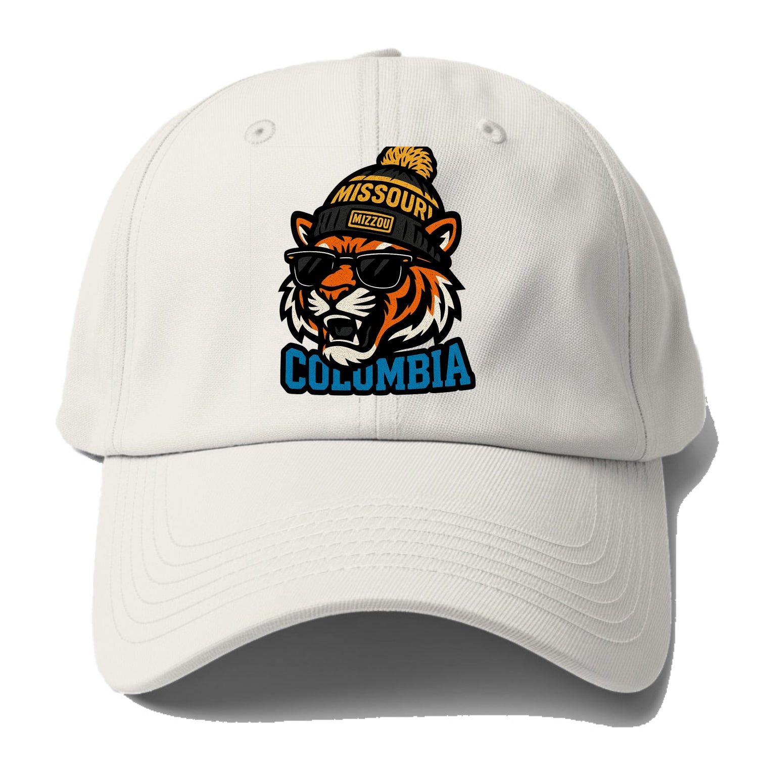 Columbia Tiger wearing Missouri beanie with Mizzou patch - Baseball Cap For Big Heads - Off White