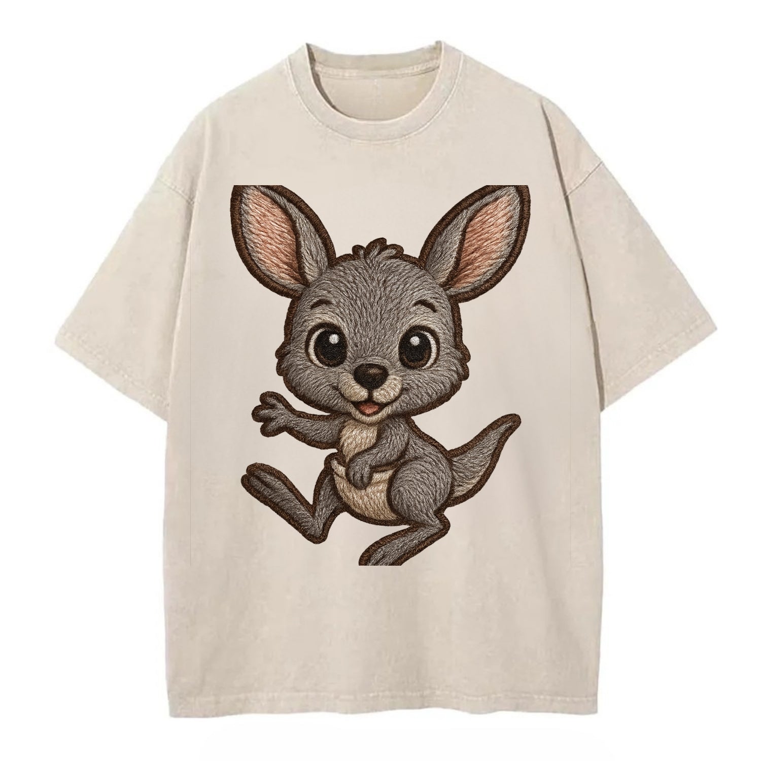 Baby Kangaroo Joey - gray fur, large ears, in pouch peek, bright eyes, - Vintage T-shirt - Off White