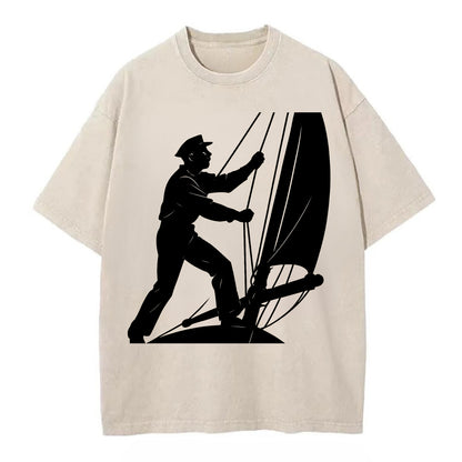 Sailor adjusting the boom on a sailboat - Vintage T-shirt - Off White