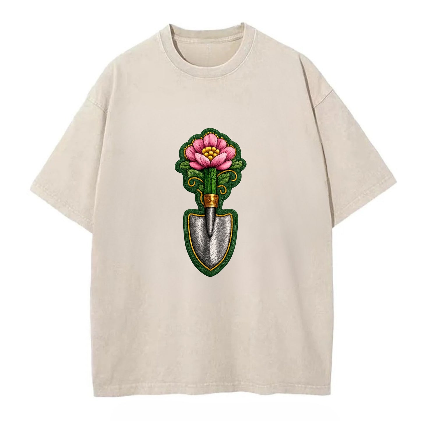 Embroidered patch design - GARDENING TROWEL FLOWER - garden tool with blooming - Vintage T-shirt - Off White