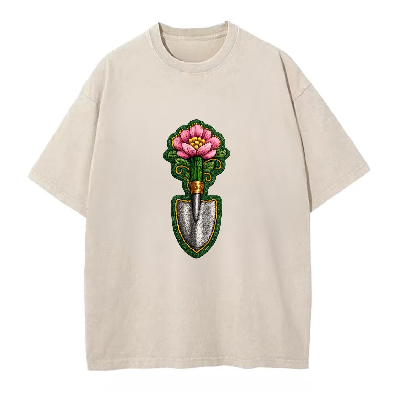 Embroidered patch design - GARDENING TROWEL FLOWER - garden tool with blooming - Vintage T-shirt - Off White