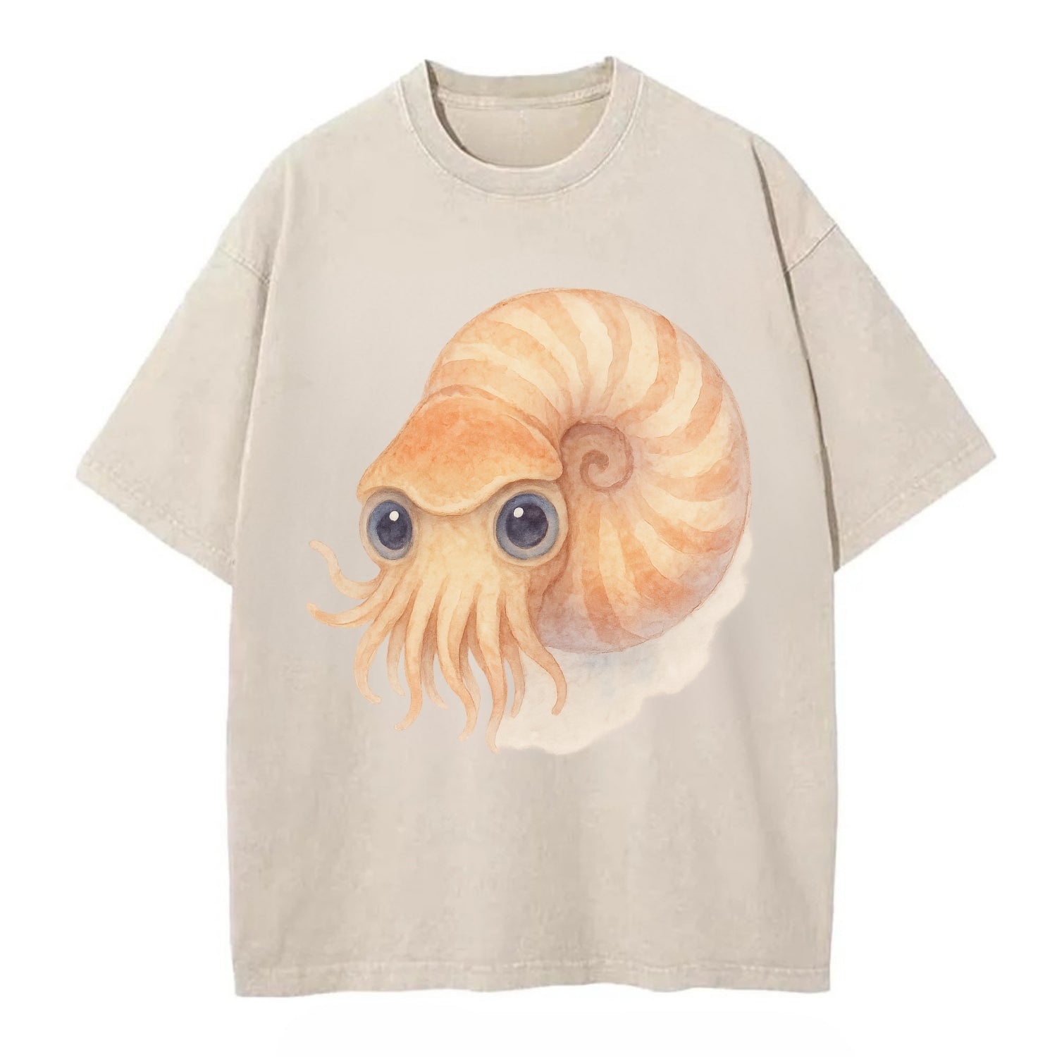 Baby Nautilus - spiral shell, tentacles peeking, ancient eyes, front-facing, - Vintage T-shirt - Off White