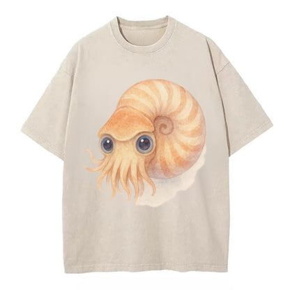 Baby Nautilus - spiral shell, tentacles peeking, ancient eyes, front-facing, - Vintage T-shirt - Off White
