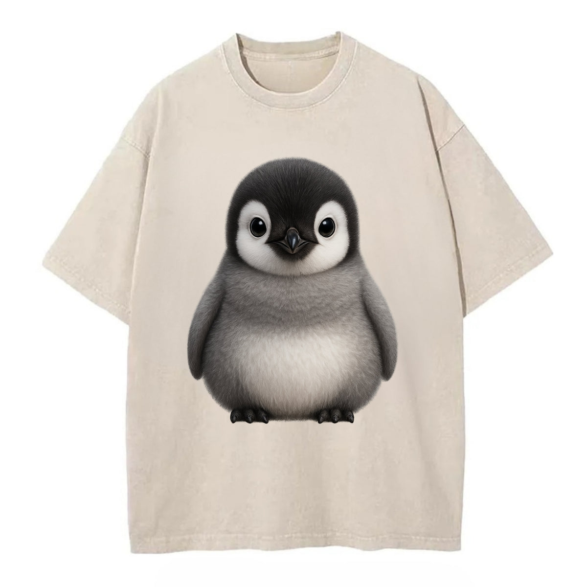 Baby Adelie Penguin - black and white, round body, curious eyes, front-facing, - Vintage T-shirt - Off White