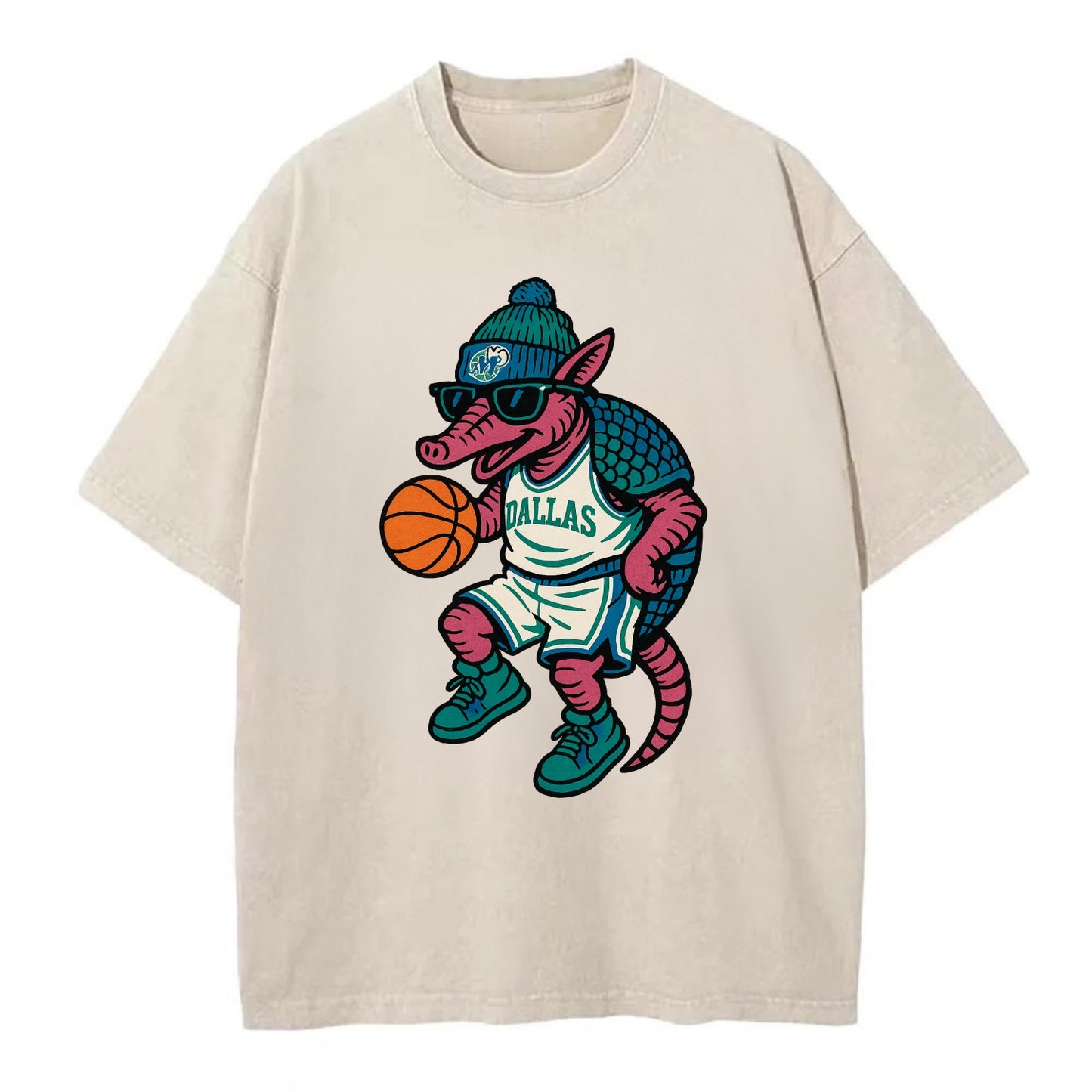 Dallas Armadillo wearing Mavericks beanie with cowboy hat patch and wayfarer - Vintage T-shirt - Off White