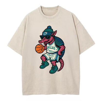 Dallas Armadillo wearing Mavericks beanie with cowboy hat patch and wayfarer - Vintage T-shirt - Off White